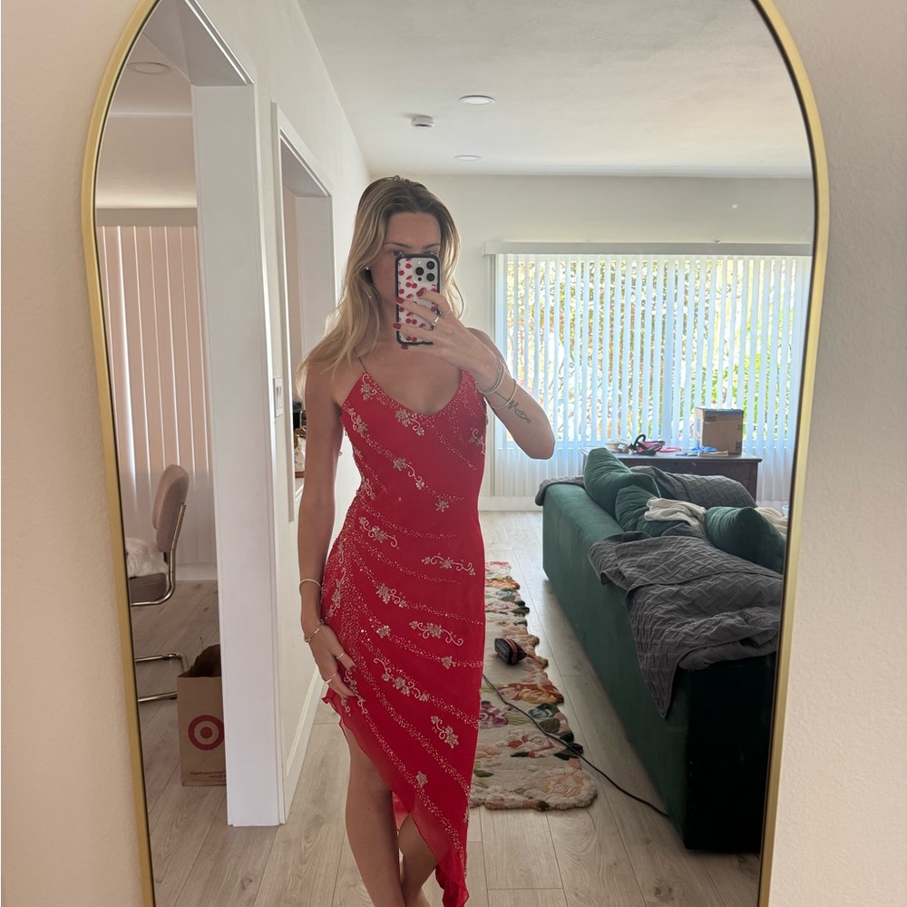 Xcite Prom Red Asymmetrical Slip Dress with White Floral Accents
